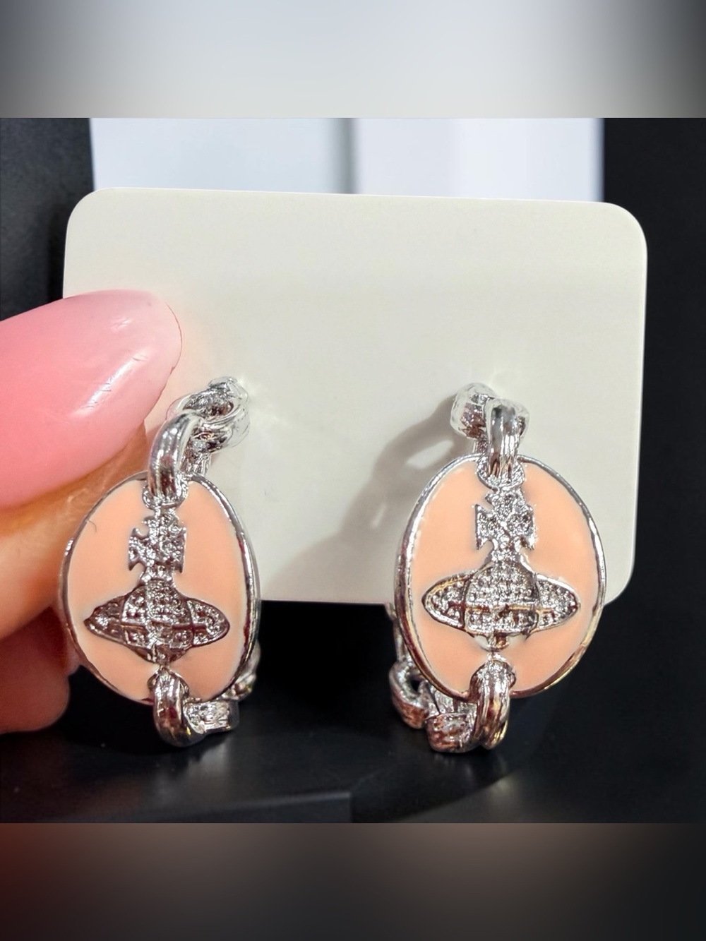 Silver Tone Peach Enamel Orb Logo Hoop Earrings | NEW